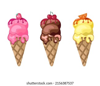 Vector illustration set of ice cream waffle cones. Delicious multicolor ice cream in crispy cone isolated on white background. Highly detailed EPS 10. Cold summer desserts fruit and chocolate tastes 