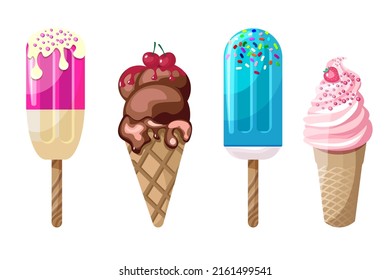 Vector illustration set of Ice cream. Crispy cone. Delicious multicolor Fruit Popsicle with wooden sticks isolated on white background. Collection of 4 cold summer desserts fruit tastes. Food Icon