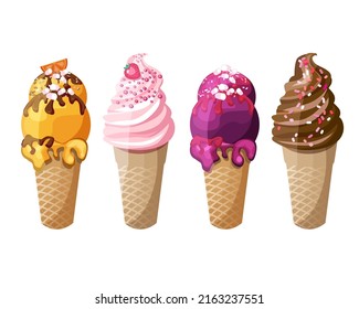 Vector illustration set of Ice cream. Delicious multicolor fruit crispy cones isolated on white background. Collection of 4 cold summer desserts fruit tastes. Food Icon flat style simple