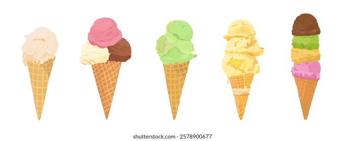 Vector illustration set of ice cream scoop with different topping in waffle cone. Sweet summer dessert isolated on white. 