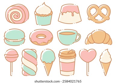 vector illustration set of ice cream, sweets and drinks