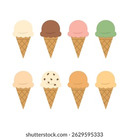 Vector illustration set of ice cream cones in different flavors, including vanilla, chocolate, strawberry, mint, and more, isolated on a white background. A summer cold and sweet dessert.