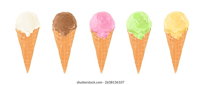 Vector illustration set of ice cream scoop with different topping in waffle cone. Sweets summer dessert isolated on white background.