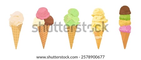 Vector illustration set of ice cream scoop with different topping in waffle cone. Sweet summer dessert isolated on white. 