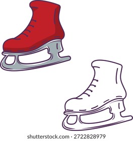 Vektorgrafik-Set von Eislaufschuhen in Farbe und Outline-Stile. Sauberes Cartoon-Design mit glatten Linien, geeignet für Wintersport, Eislaufen, Urlaubsthemen, Logos, Symbole, Aufkleber