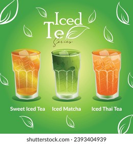 Vector illustration set of iced tea series, beverage. isolated on green background