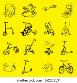 Vector illustration of set of icon hand drawn baby transport. Graphic object for design