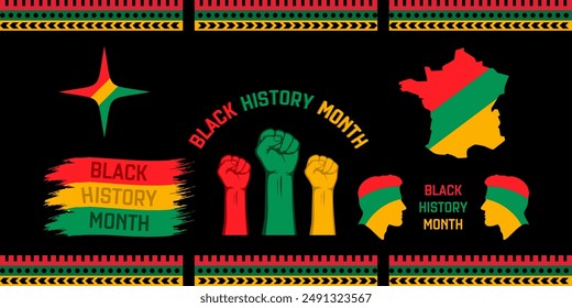 Vector illustration set icon, logo, banner, background.Black History Month and African American History. Celebrated annual in October in Great Britain, in February in United States and Canada.
