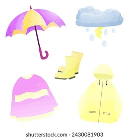 Vector illustration of set icon outfit rain season with watercolor technique