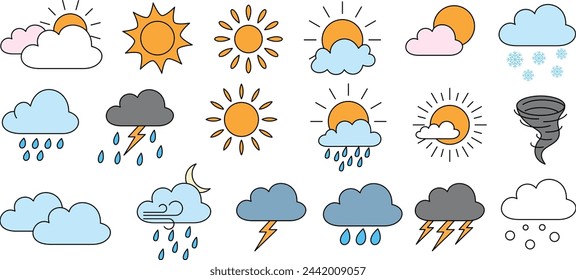 Vector illustration set of icon weather forecast, natural phenomena icons. Cartoon hand drawn 