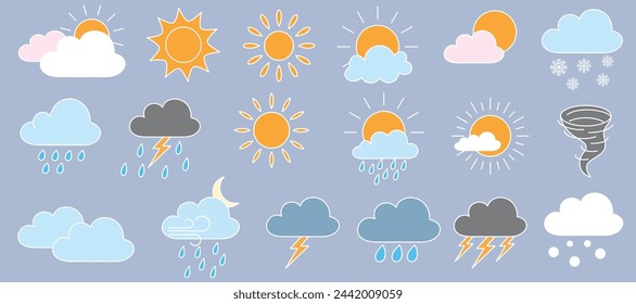 Conjunto de ilustración vectorial de previsión meteorológica de iconos, iconos de fenómenos naturales. Dibujos animados dibujados a mano 