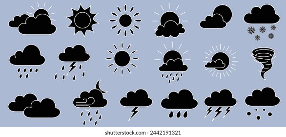 Vector illustration set of icon weather forecast, natural phenomena icons. Cartoon hand drawn 