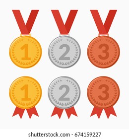 Vector illustration. Set of icons of award winning medals. The first, second, third place. Gold, silver, bronze.