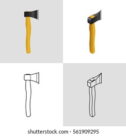 Vector illustration. Set of icons axe, colorful and contour, isometric, 3D. Working tools for construction and repair