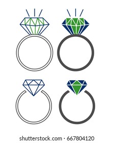 Vector illustration set of icons with beautiful rings. Wedding rings with a diamond on an isolated background. Flat design.