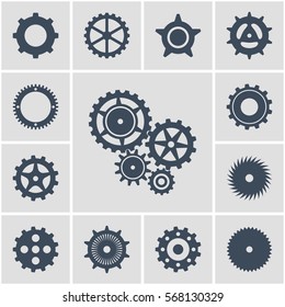 Vector illustration. Set icons black mechanical gears on a gray background. contoured silhouette