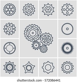 Vector illustration. Set icons black mechanical gears on a grey background. contoured silhouette