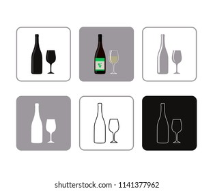 Vector illustration of set of icons of bottle wine with glass