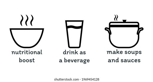 Vector illustration set of icons for broth or soup for cancer patients. Cooking soup or drink as a beverage.