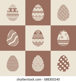 Vector illustration. Set icons brown Easter eggs decorated with fun patterns.