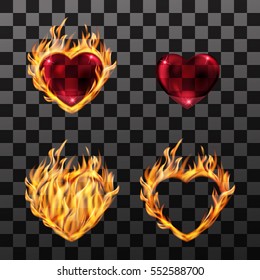 Vector illustration. Set of icons of a burning heart, red, transparent glass heart in a frame of fire. Design for cards, invitations, business cards, banner for Valentine's day, wedding