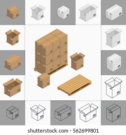   Vektorgrafik. Set von Symbolen Kartonboxen offen und geschlossen, bunt und kontur. Palette mit Kisten. Isometrisch, 3D.