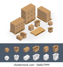 Vector illustration. Set of icons of cardboard boxes on pallets, open and closed on a white background. Isometric, 3D. 