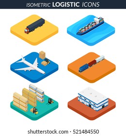 Vector illustration. Set of icons of cargo transportation and storage. Truck, airplane, train, ship, warehouse, and forklift. Isometric, 3D