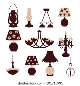 Vector illustration of set icons chandeliers and table lamps.