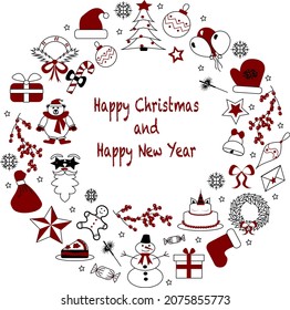 vector illustration of a set of icons for christmas and new year black and white and red