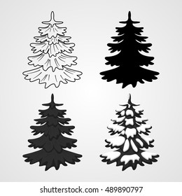 vector illustration. Set icons of Christmas trees - contour silhouette, black, monochrome and with snow.