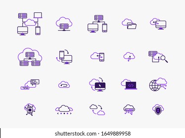 Vector illustration of a set of icons for a cloud service, a data center for storing electronic information from computer devices