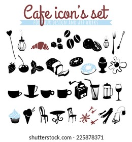 Vector illustration Set of icons: coffee beans, latte, cappuccino, pies, donuts,  croissants, cups, glasses and other cafe objects