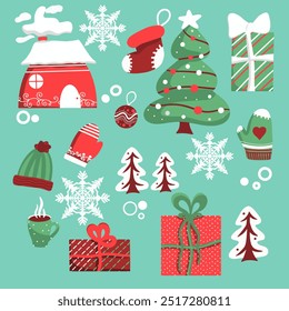 Ilustración vectorial, conjunto de iconos para la decoración, ciervo de la lluvia de la Navidad, taza, copos de nieve, calcetines de la Navidad, decoración agradable para el año nuevo y tarjetas de Navidad