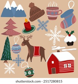 Ilustración vectorial, conjunto de iconos para la decoración, ciervo de la lluvia de la Navidad, taza, copos de nieve, calcetines de la Navidad, decoración agradable para el año nuevo y tarjetas de Navidad