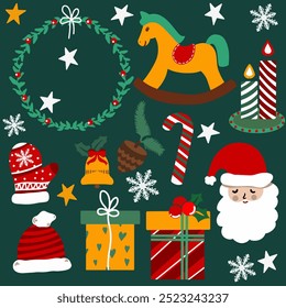 Vector illustration, set of icons for decotation, christmasr, mug, snowflakes, nice decotation for new year and christmas cards, posters	