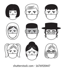 Imagen vectorial de íconos de personas diversas usando máscaras faciales