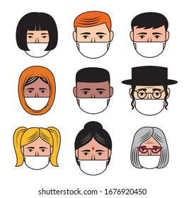 Vector illustration set of icons of diverse people wearing face masks