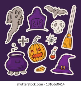 Vector illustration set of icons. Doodle stickers with halloween theme.