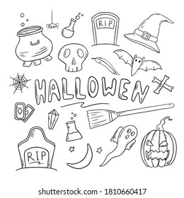 Vector illustration set of icons. Doodle stickers with halloween theme.