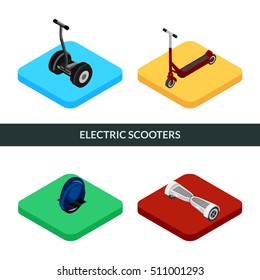 Vector illustration. Set of icons of electric scooters. Scooter, gyroscooter, monowheel. Isometric, 3D.