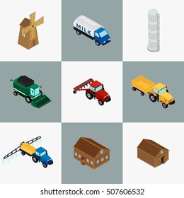 vector illustration. Set of icons of farm buildings and agricultural machinery. House, barn, windmill, tractor, harvester. isometric, infographic
