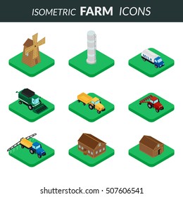 vector illustration. Set of icons of farm buildings and agricultural machinery. House, barn, windmill, tractor, harvester. isometric, infographic