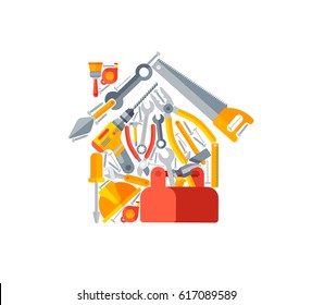 Vector illustration set icons in form house building treatment tools repair, construction of buildings, drill, hammer, screwdriver, saw, file, putty knife, ruler, helmet, roller, brush, tool box, kit