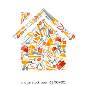 Vector illustration set icons in form house building treatment tools repair, construction of buildings, drill, hammer, screwdriver, saw, file, putty knife, ruler, helmet, roller, brush, tool box, kit