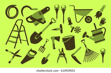 Vector illustration set of icons of garden tools, work equipment on a green background