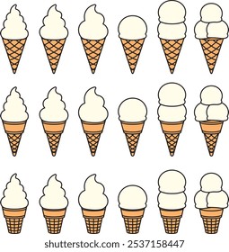 Vector illustration set of icons of ice cream, soft serve ice cream, and gelato in various shapes