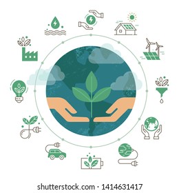 Vector illustration with set of icons isolated on white background on the theme of renewable energy, ecology, green and clean energy.