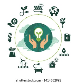 Vector illustration with set of icons isolated on white background on the theme of ecology, green and clean energy, renewable energy.