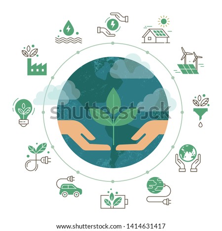 Vector illustration with set of icons isolated on white background on the theme of renewable energy, ecology, green and clean energy.